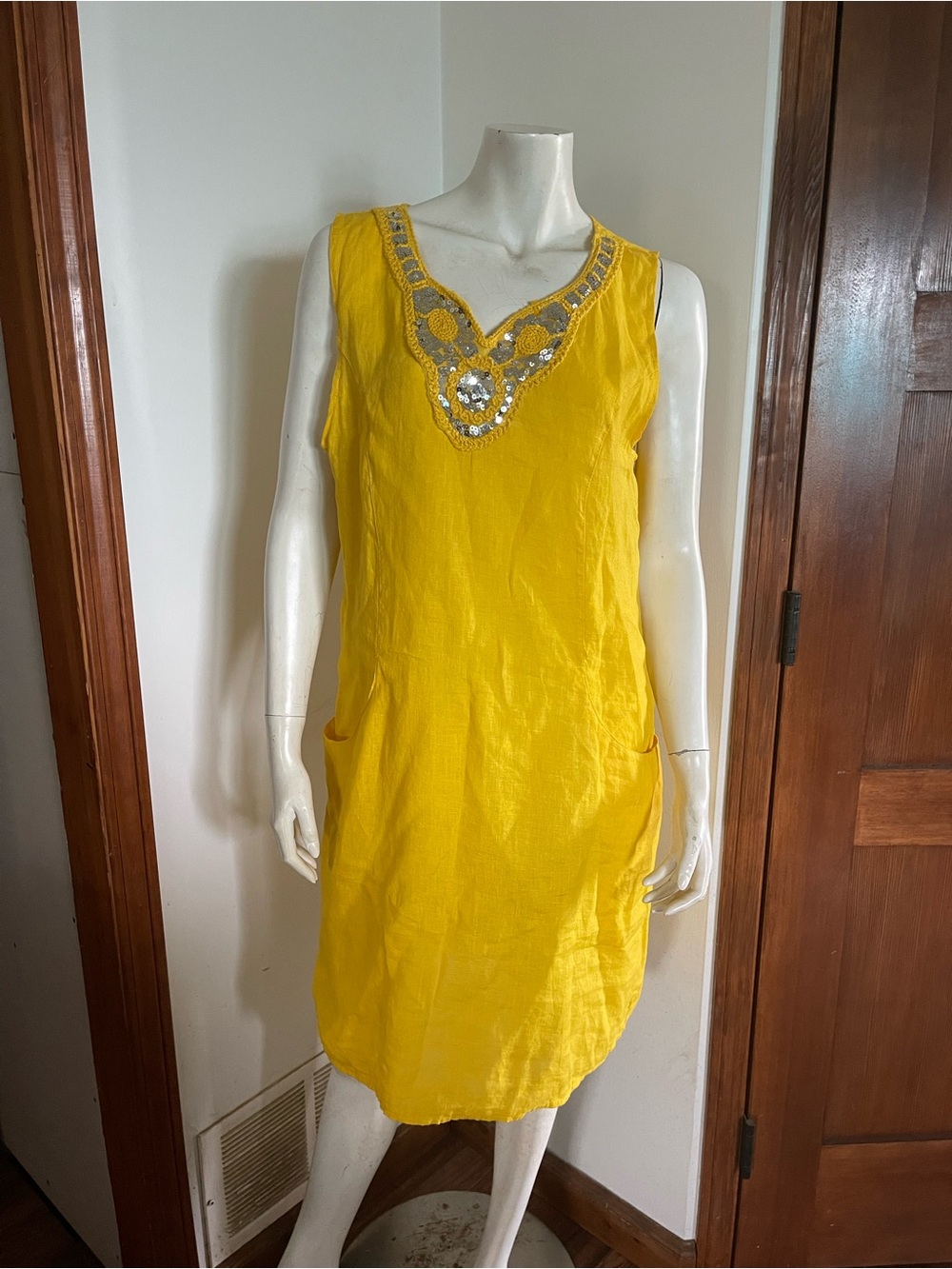 100% LINEN Angela Mara Bright Yellow Linen Dress with Pockets!